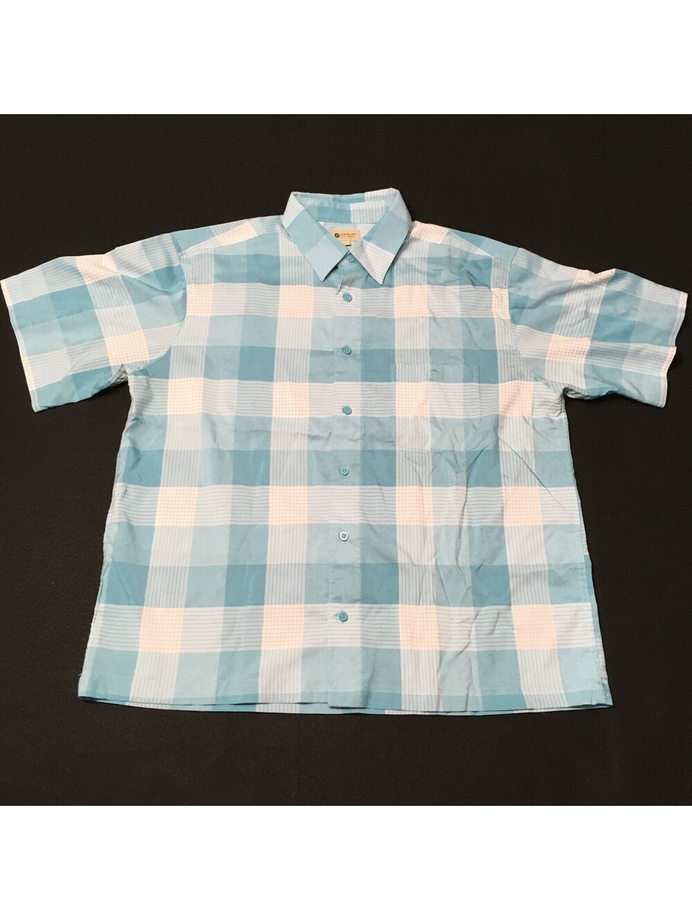 Haggar Men's Large Short Sleeve Button Down Shirt Pocket LIGHT Blue Plaid